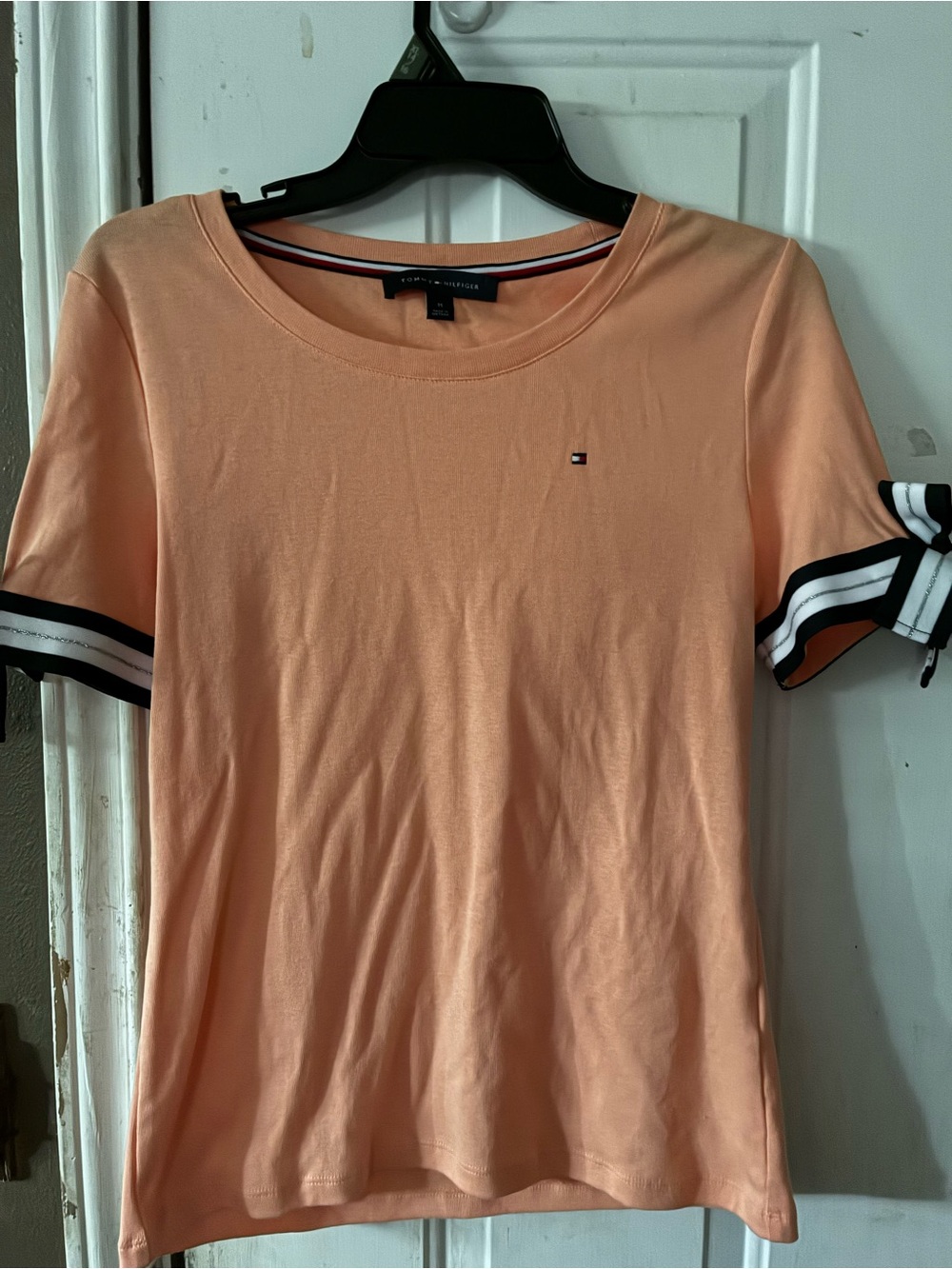 Tommy Hilfiger Peach Short Sleeve Tee with Stripe-Trim bow on Sleeves medium